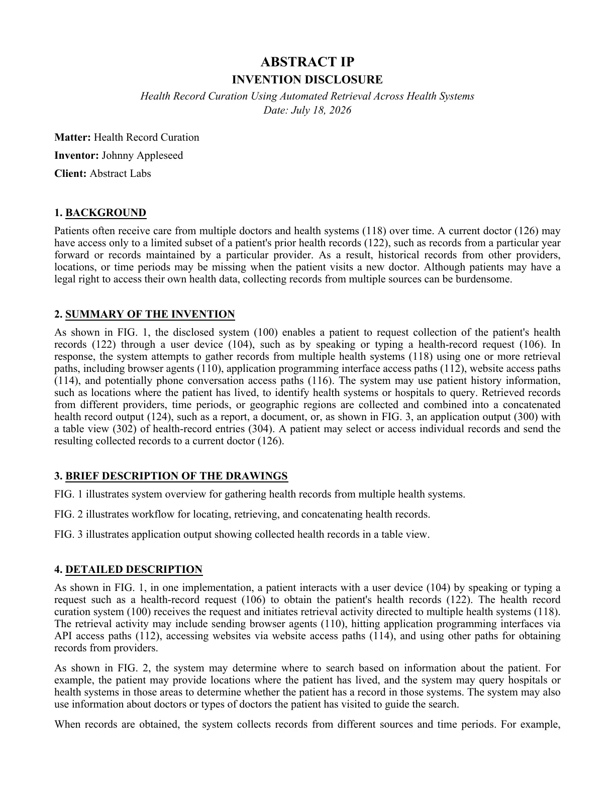 Page 1 of the Health Record Curation invention disclosure