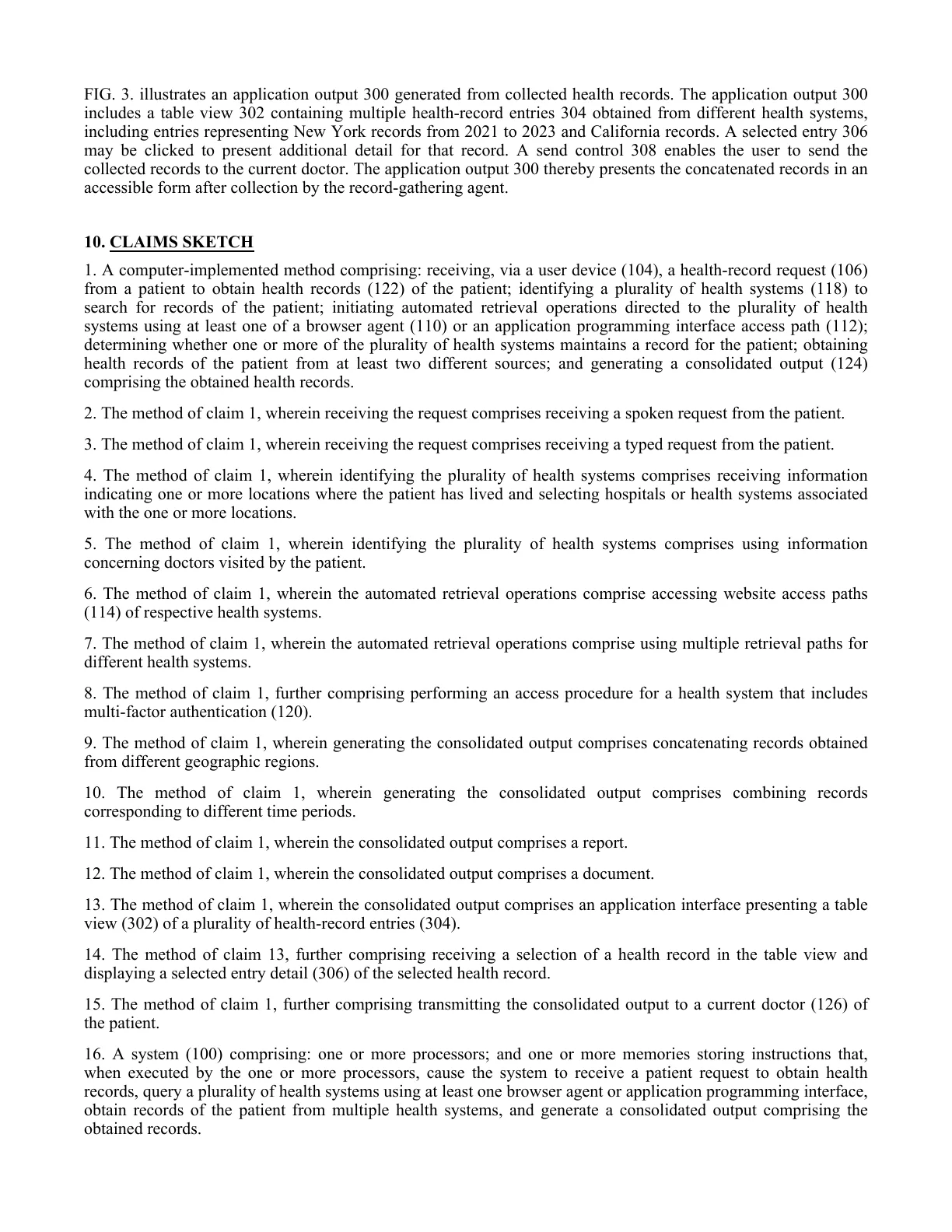 Page 3 of the Health Record Curation invention disclosure, containing the claims sketch